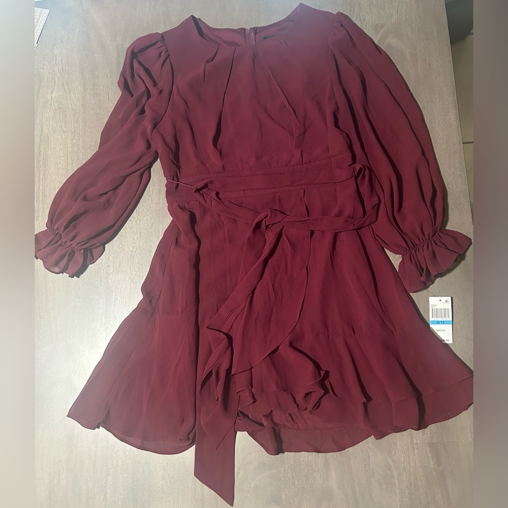 B Darlin Burgundy Wrap Tie Front Long Sleeve Dress for Wedding Guest